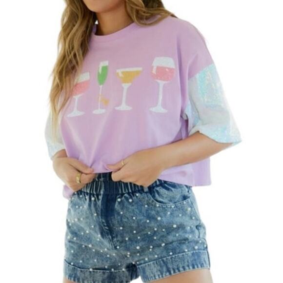 Peach Love Women's Small Lavender Haze Oversized Sparkle Short Sleeve Tee - Picture 2 of 8